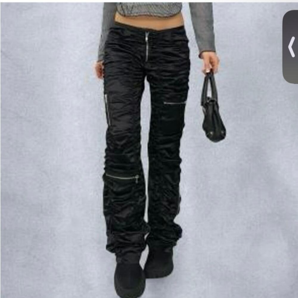 Seven Express Y2K Ruched Satin Cargo Pants Flare Leg Black 26 Cyber Clubwear